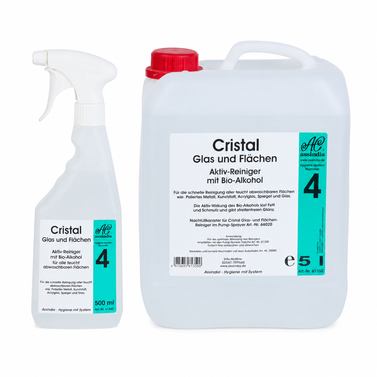 Cristal Glas- & Flächenreiniger Assindia 500 ml, 5L – Glas- und Oberflächenreiniger für Fenster & Spiegel