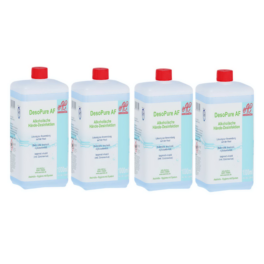 Händedesinfektion DesoPure Assindia 4 x 1000 ml – alkoholisches Handdesinfektionsmittel, Profi Hygiene