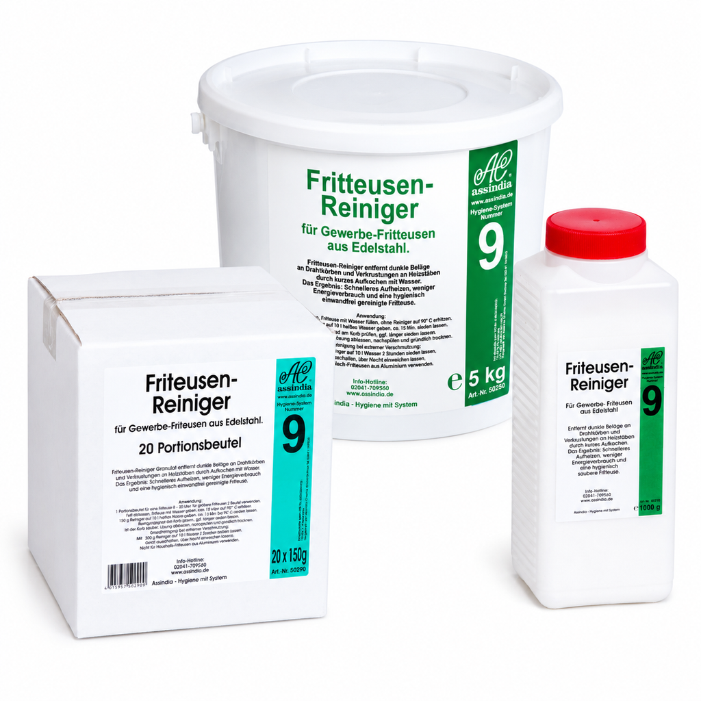 Fritteusenreiniger Pulver Assindia 1 kg, 5kg oder 20 Stk  – selbstreinigendes Granulat für Fritteusen & Gastronomie