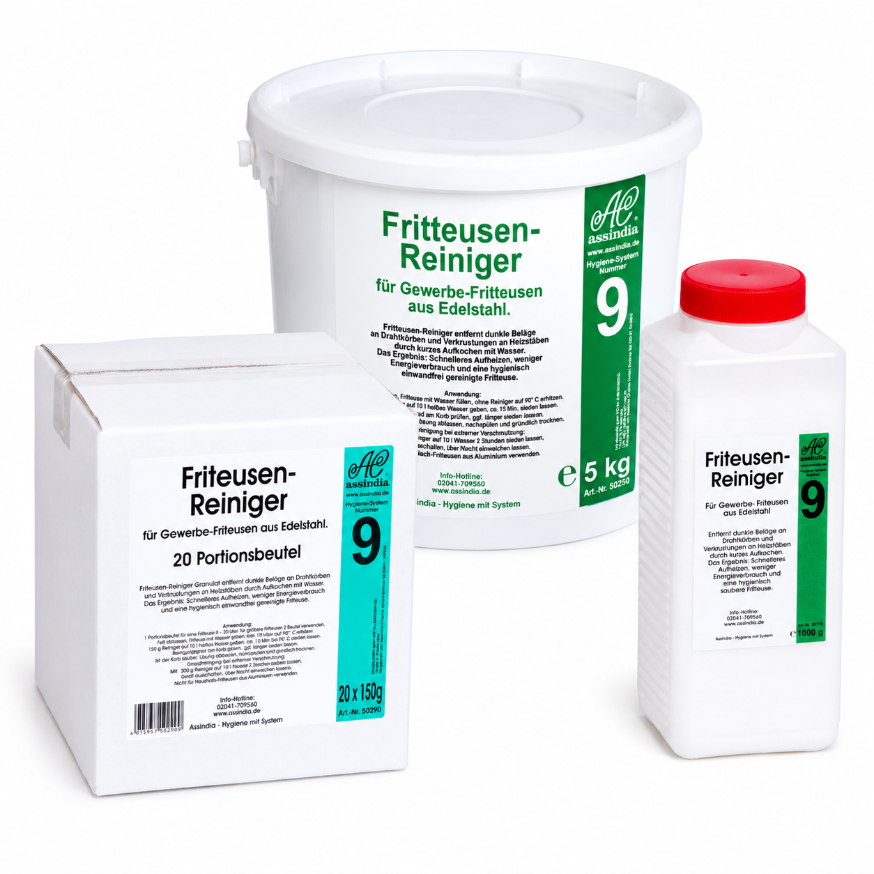 Fritteusenreiniger Pulver Assindia 1 kg, 5kg oder 20 Stk  – selbstreinigendes Granulat für Fritteusen & Gastronomie
