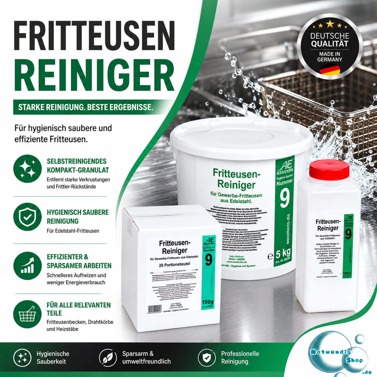 Fritteusenreiniger Pulver Assindia 1 kg, 5kg oder 20 Stk  – selbstreinigendes Granulat für Fritteusen & Gastronomie