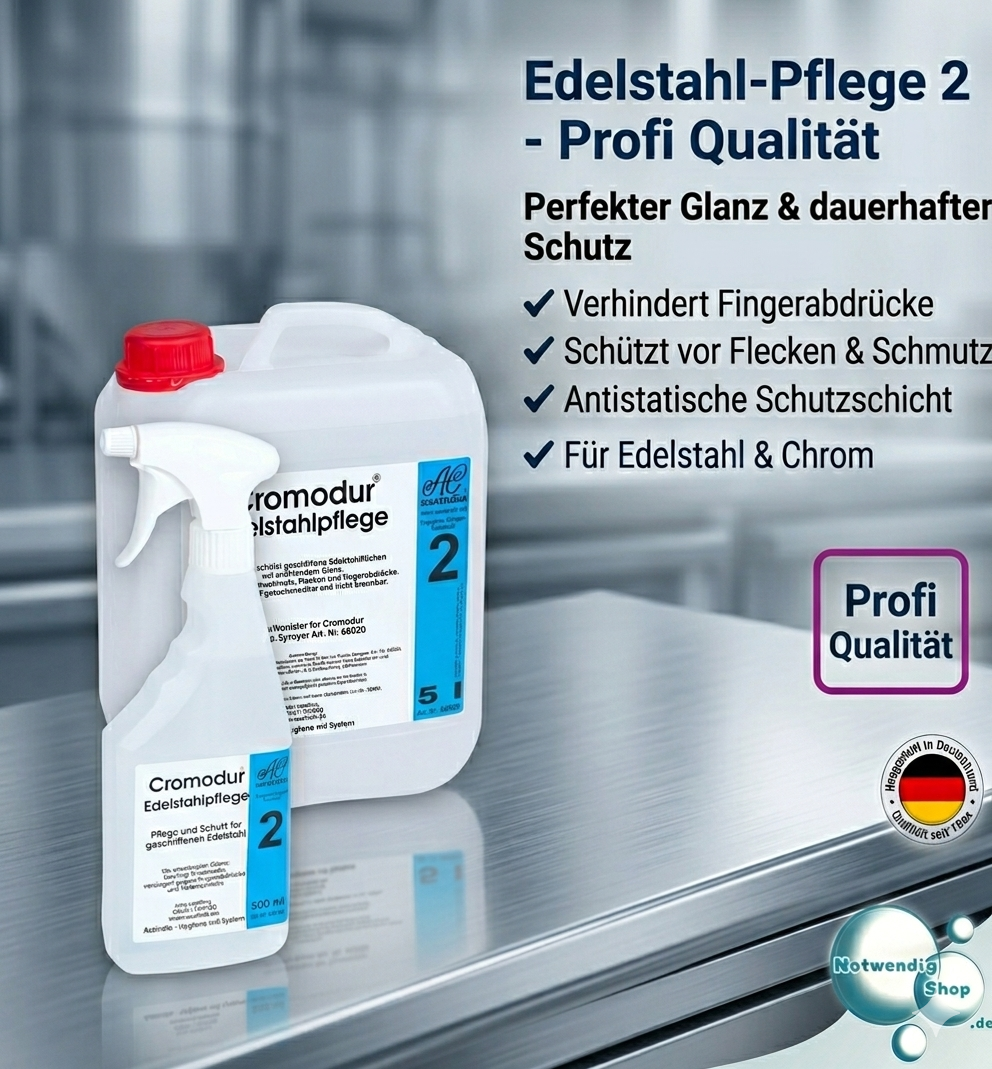 Cromodur Edelstahlpflege 500 ml Pump‑Sprayer, 5L Kanister – Pflege & Schutz für Edelstahl