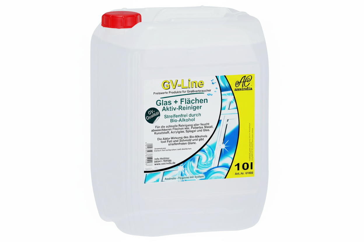 Glas- & Fensterreiniger 1L oder 10L – GV Glasreiniger Assindia für streifenfreie Reinigung von Fenstern & Spiegeln