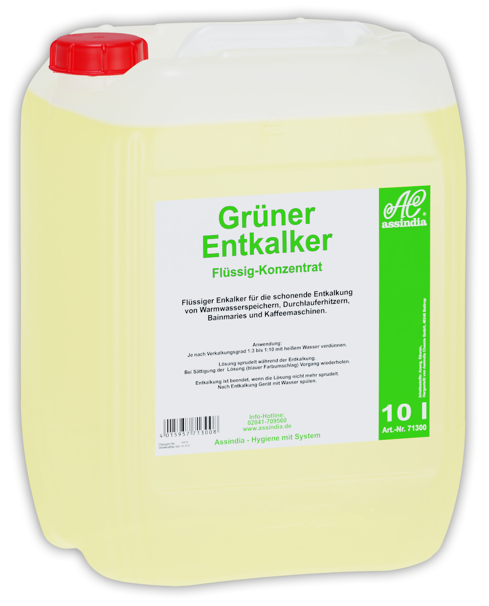 Grüner Profi Entkalker Assindia für Kaffeemaschinen – 10 L Kanister zur intensiven Kalkentfernung