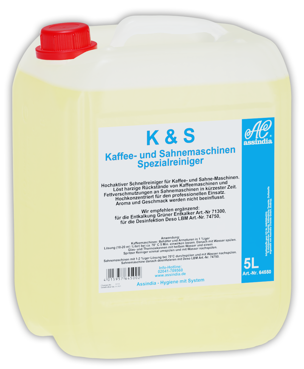 K&S Kaffee- und Sahnemaschinen Reiniger Assindia 5 L – Spezialreiniger für Kaffeemaschinen und Sahnesysteme