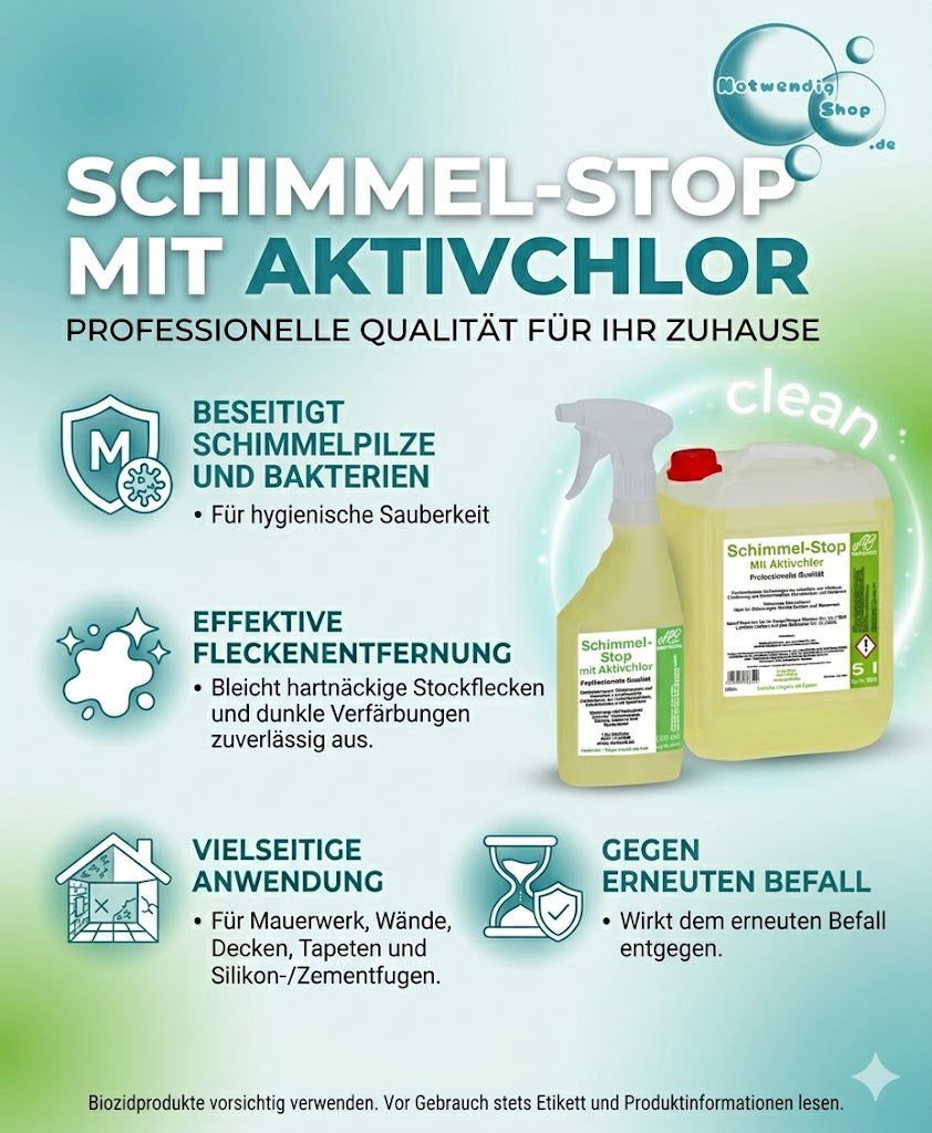 Assindia Schimmel-Stop mit Aktivchlor gegen Schimmel und Stockflecken – 500 ml und 5 L