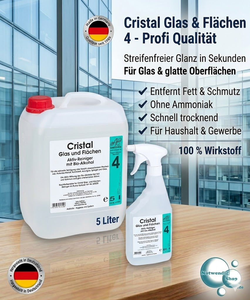 Cristal Glas- & Flächenreiniger Assindia 500 ml, 5L – Glas- und Oberflächenreiniger für Fenster & Spiegel