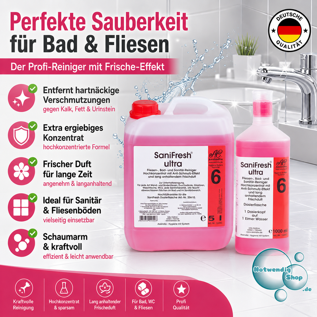 SaniFresh Fliesenreiniger Assindia 1000 ml Flasche 5 L Kanister – kraftvoller Fliesen- und Sanitärreiniger