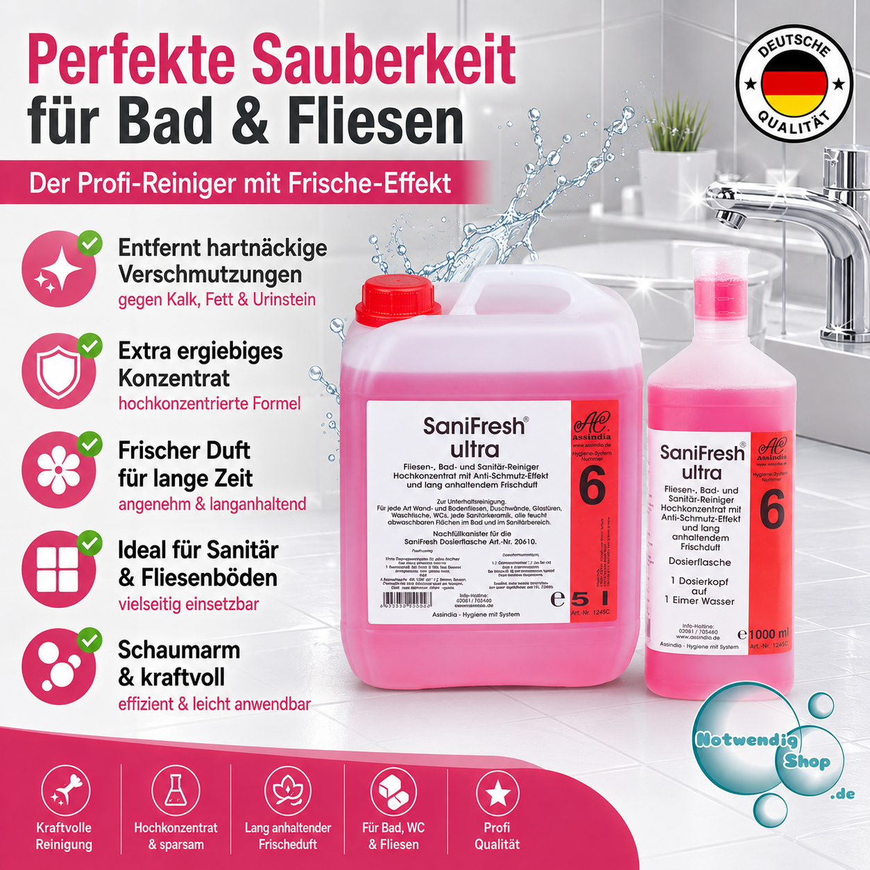 SaniFresh Fliesenreiniger Assindia 1000 ml Flasche 5 L Kanister – kraftvoller Fliesen- und Sanitärreiniger