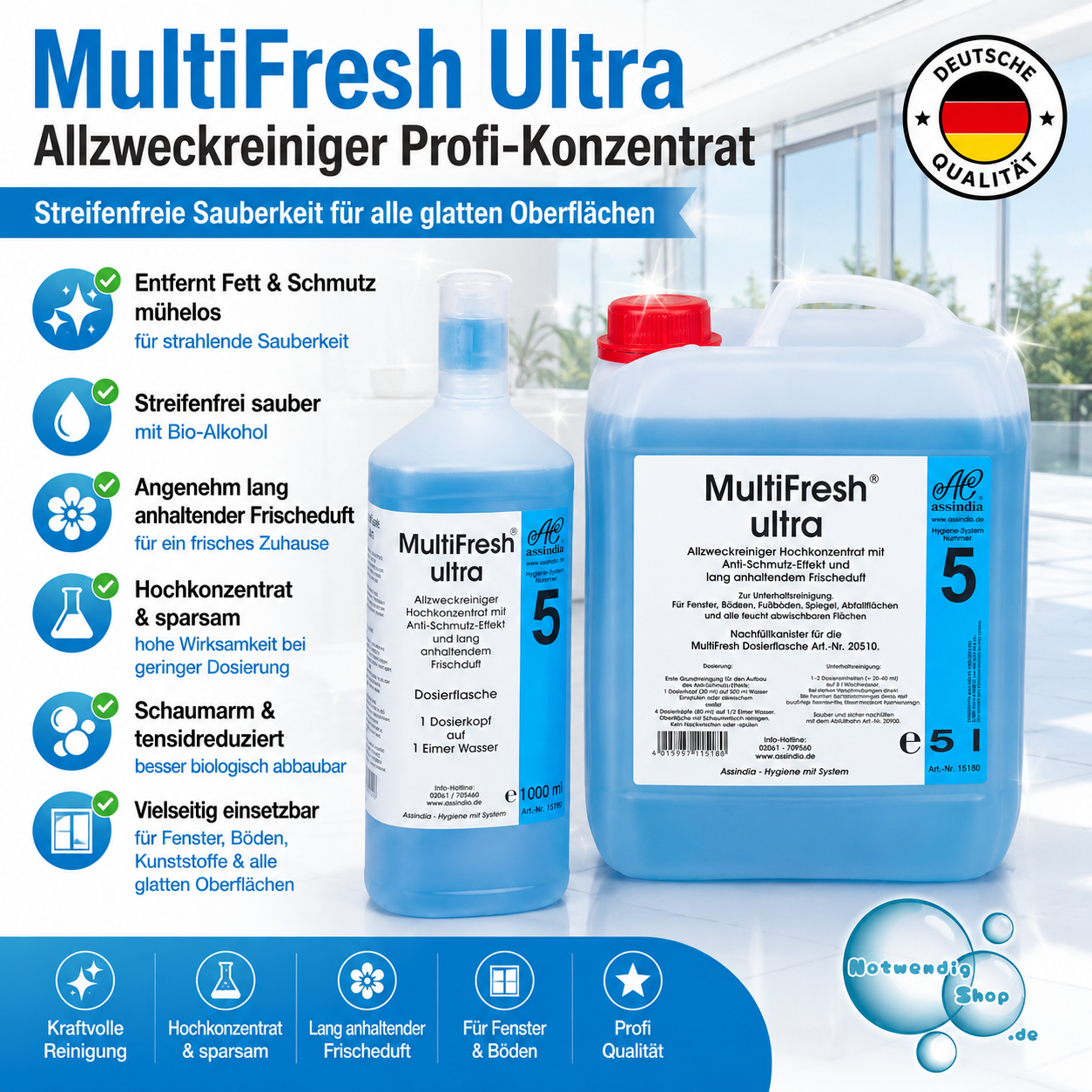 MultiFresh Ultra Allzweckreiniger 1000 ml, 5 Liter Kanister – hochkonzentriertes Universalreiniger Konzentrat