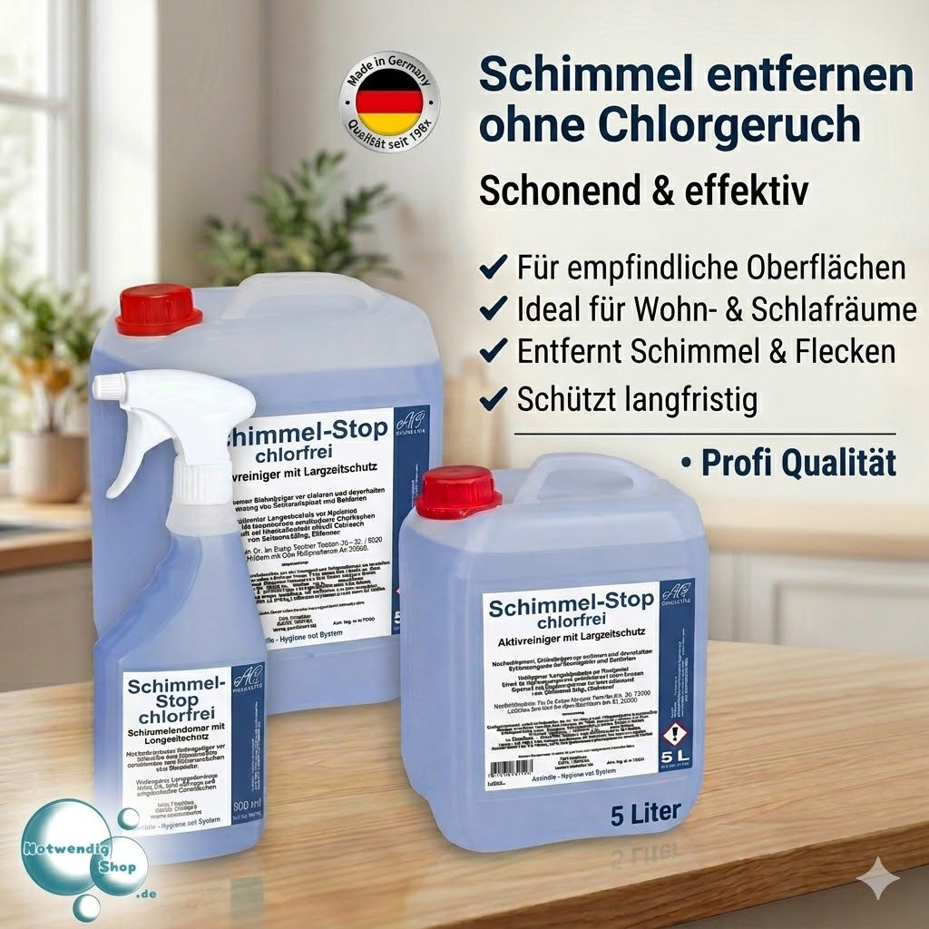 Schimmel entfernen ohne Chlor – Assindia Schimmel-Stop chlorfrei für empfindliche Oberflächen